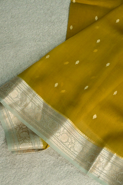 Pure Kora Organza Handloom Saree in Warm Mustard and Mint Green Border