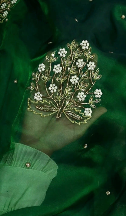 Beautiful green handwoven pure tissue silk zardozi saree