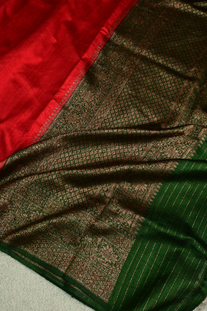 Handloom Pure Raw Silk Red & Green Saree with Antique Weave