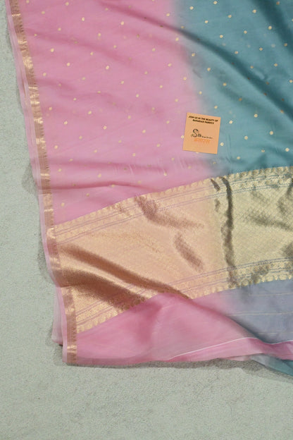 Dual-Tone Pastel Pink & Teal Kora Organza Silk Handloom Saree