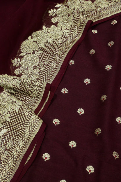 Handwoven Pure Khaddi Georgette Banarasi Unstitched Suit Set with Zari Weave – Deep Wine