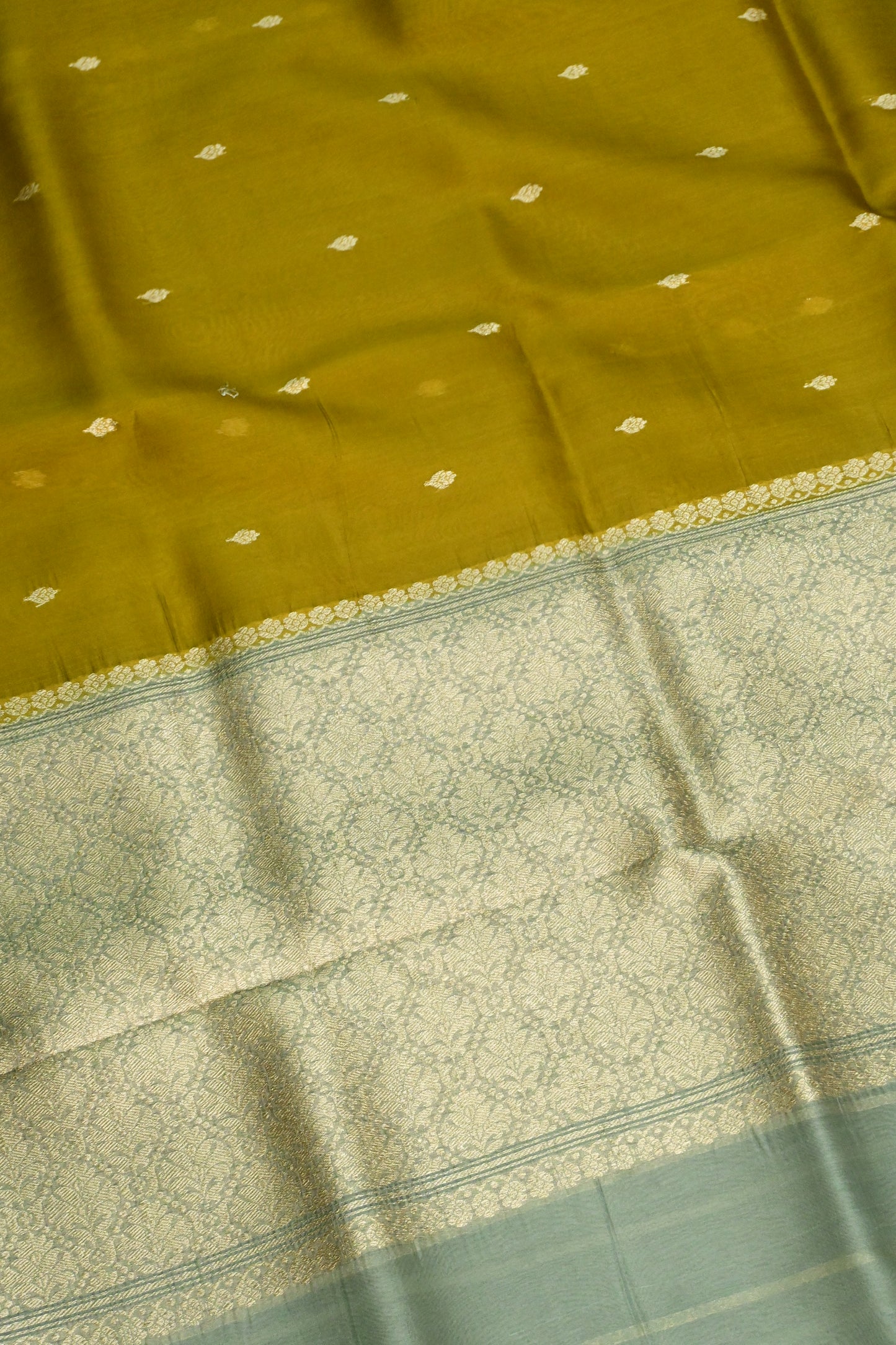 Pure Kora Organza Handloom Saree in Warm Mustard and Mint Green Border