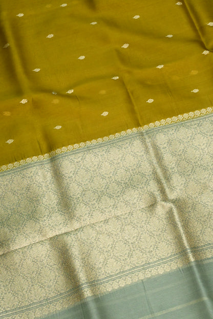 Pure Kora Organza Handloom Saree in Warm Mustard and Mint Green Border