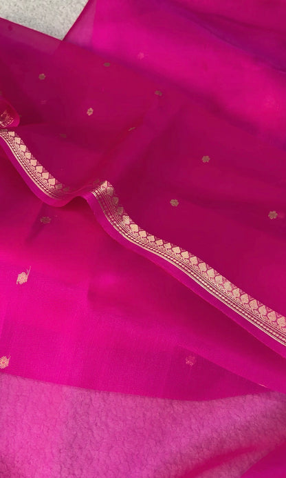Beautiful pink handwoven pure Kora organza saree