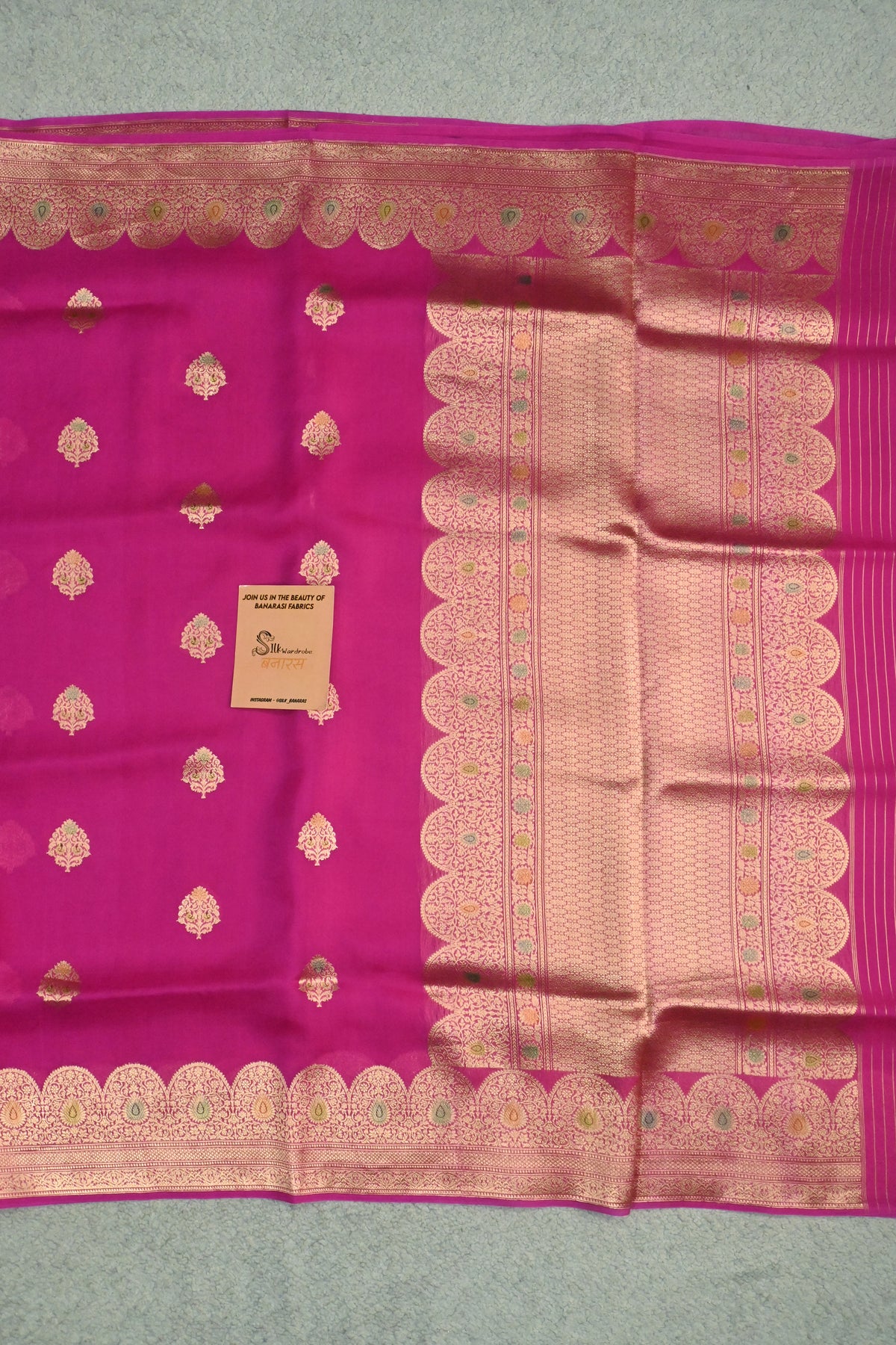 Pure Kora Silk Saree in the Pink with Gold Zari & Minakari Details
