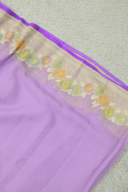 Handloom Pure Khaddi Georgette Banarasi Saree in Lavender with Platinum Zari & Meenakari