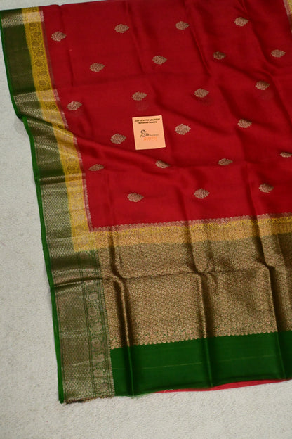 Handwoven Crimson Red Pure Kora Silk Banarasi Saree with Contrasting yellow and Green Border