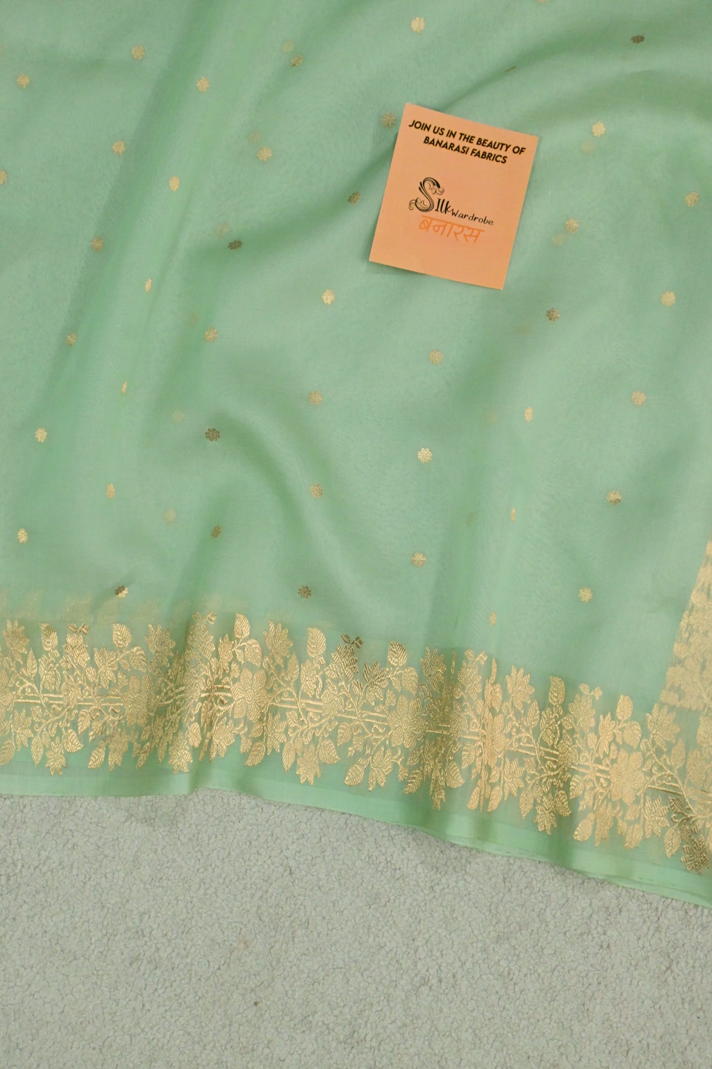 Pure Banarasi Kora Silk Saree in Pastel mint Green with Floral Zari Border