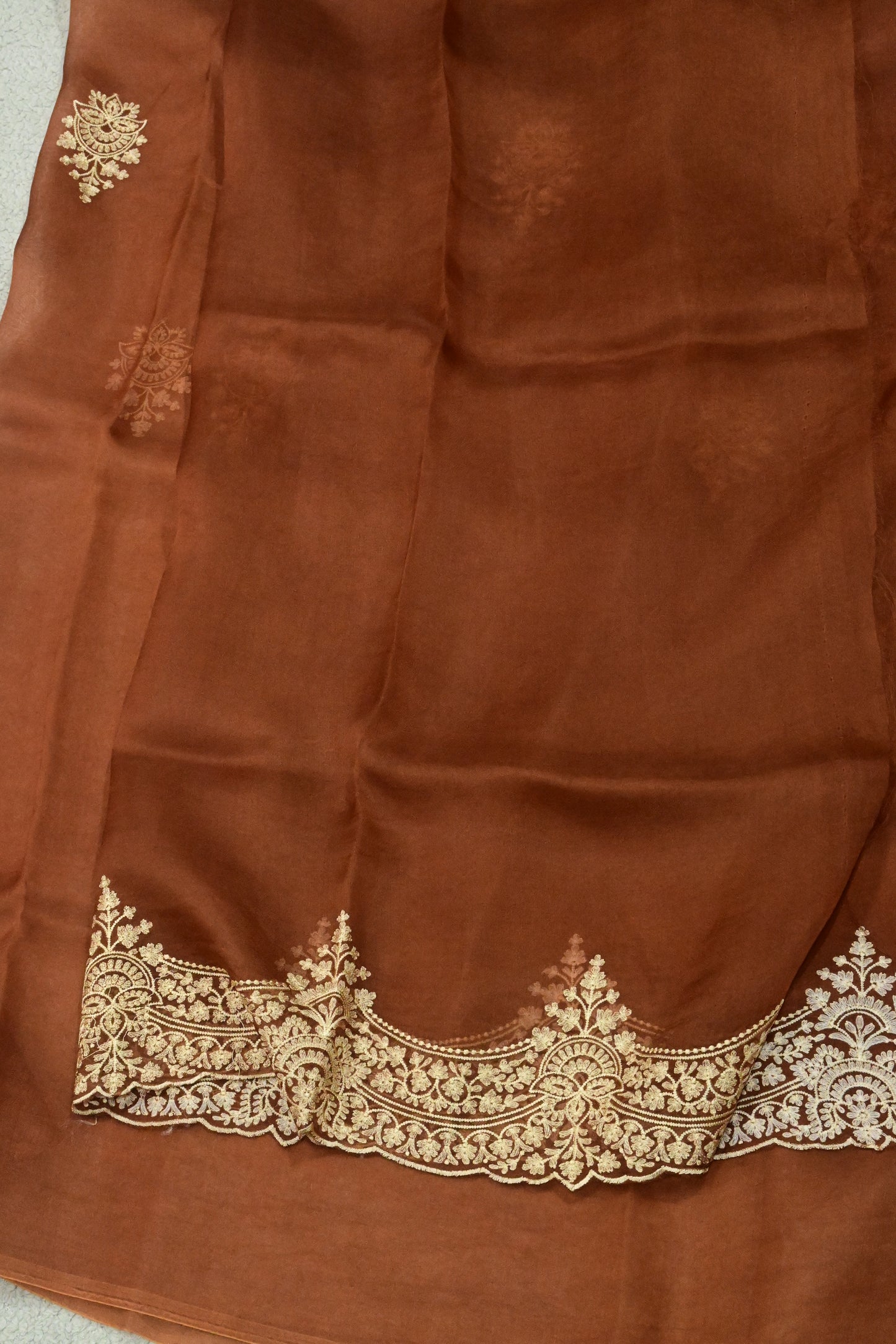 Rust Brown Handwoven Pure Organza Saree with Intricate Gold Embroidery & Scalloped Cutwork Border