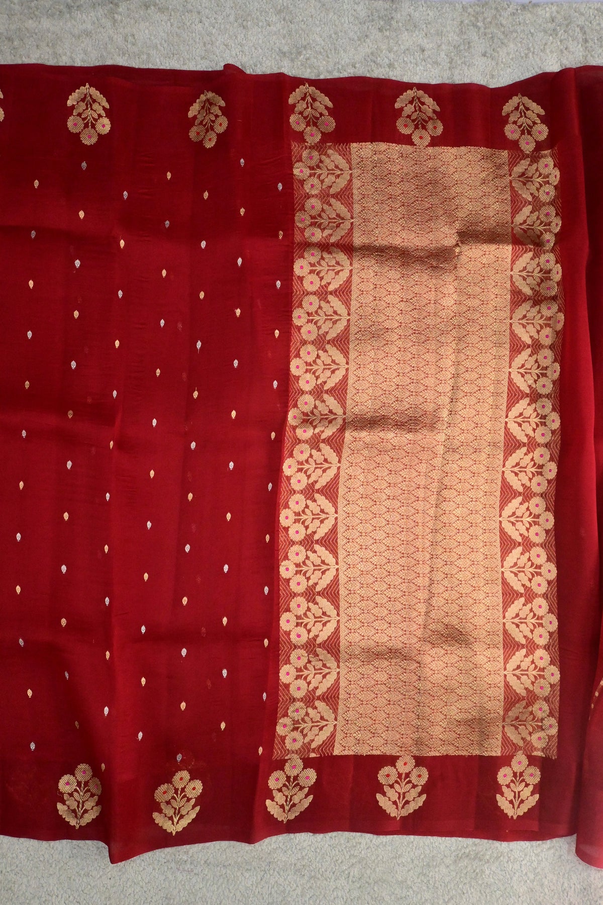 Handloom Red Pure Kora Silk Saree with Gold Zari Weave