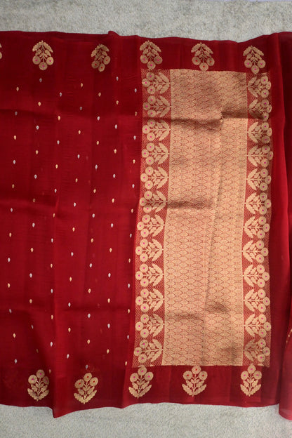 Handloom Red Pure Kora Silk Saree with Gold Zari Weave