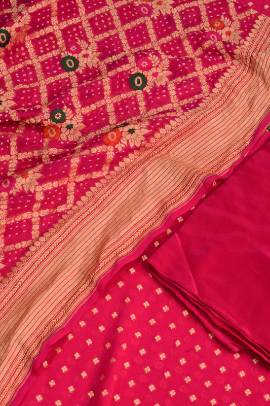 Handwoven Pure Khaddi Georgette Suit Set with Bandhani & Banarasi Minakari Dupatta