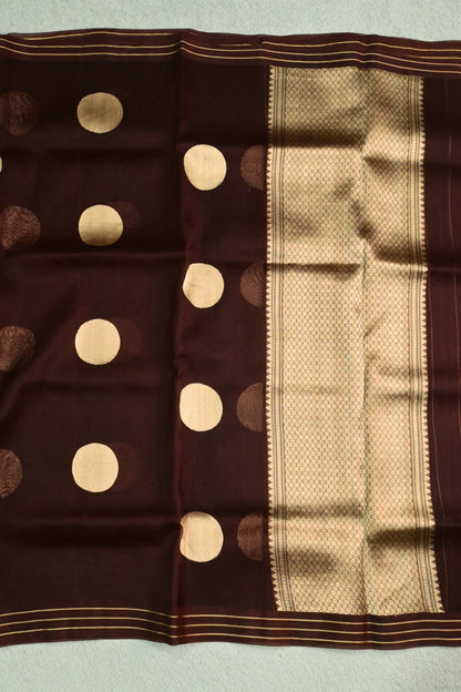 Deep Chocolate Brown Pure Kora Silk Saree with Golden Zari Polka Dots