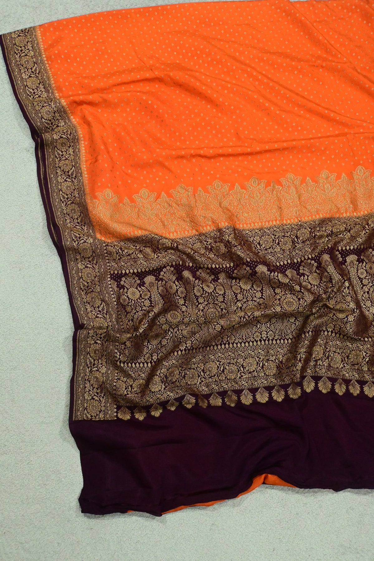 Handwoven Crepe Georgette Banarasi Saree in Tangerine Orange & Wine with Antique Zari