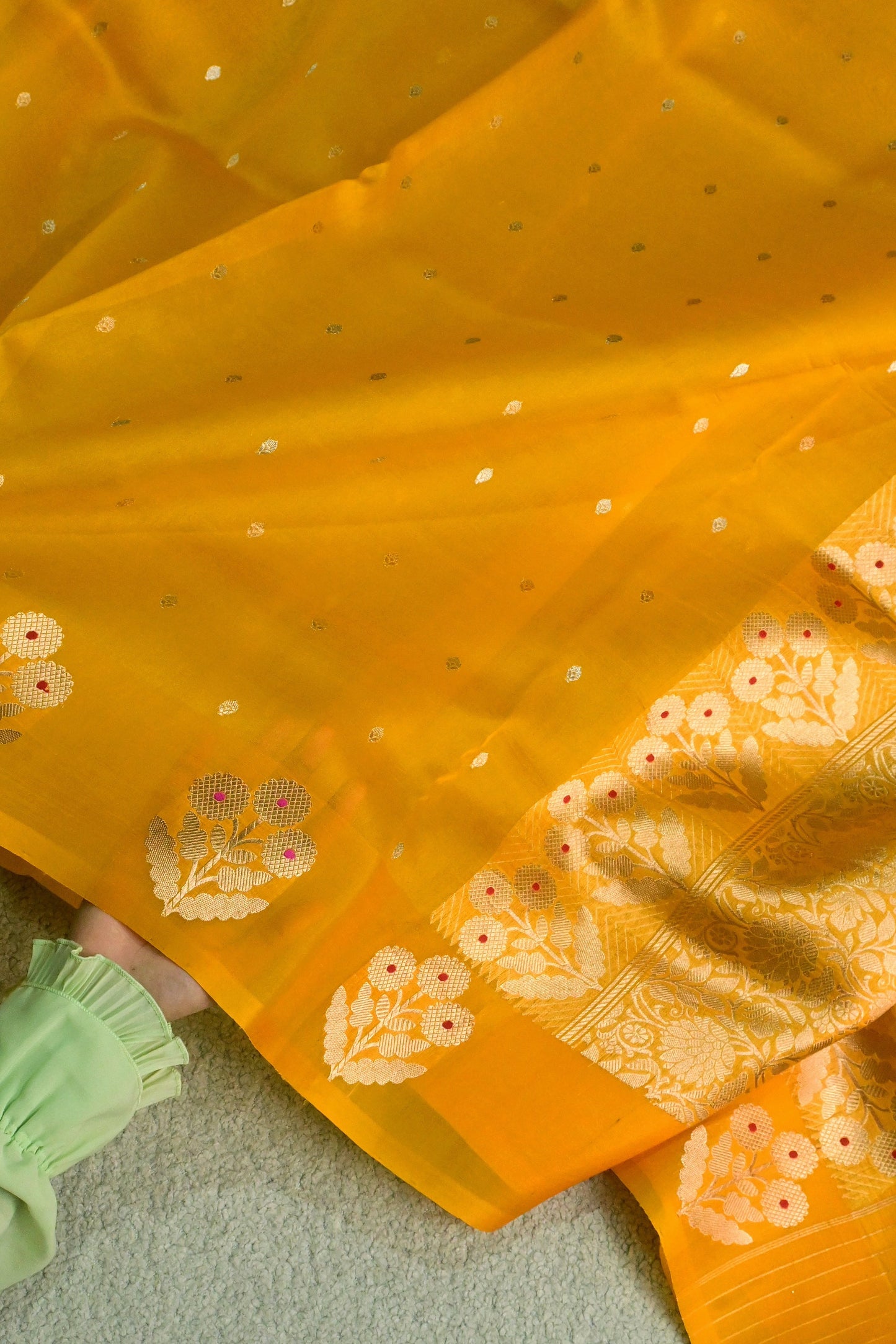 The yellow Mustard Guldasta Kora Organza Silk Saree