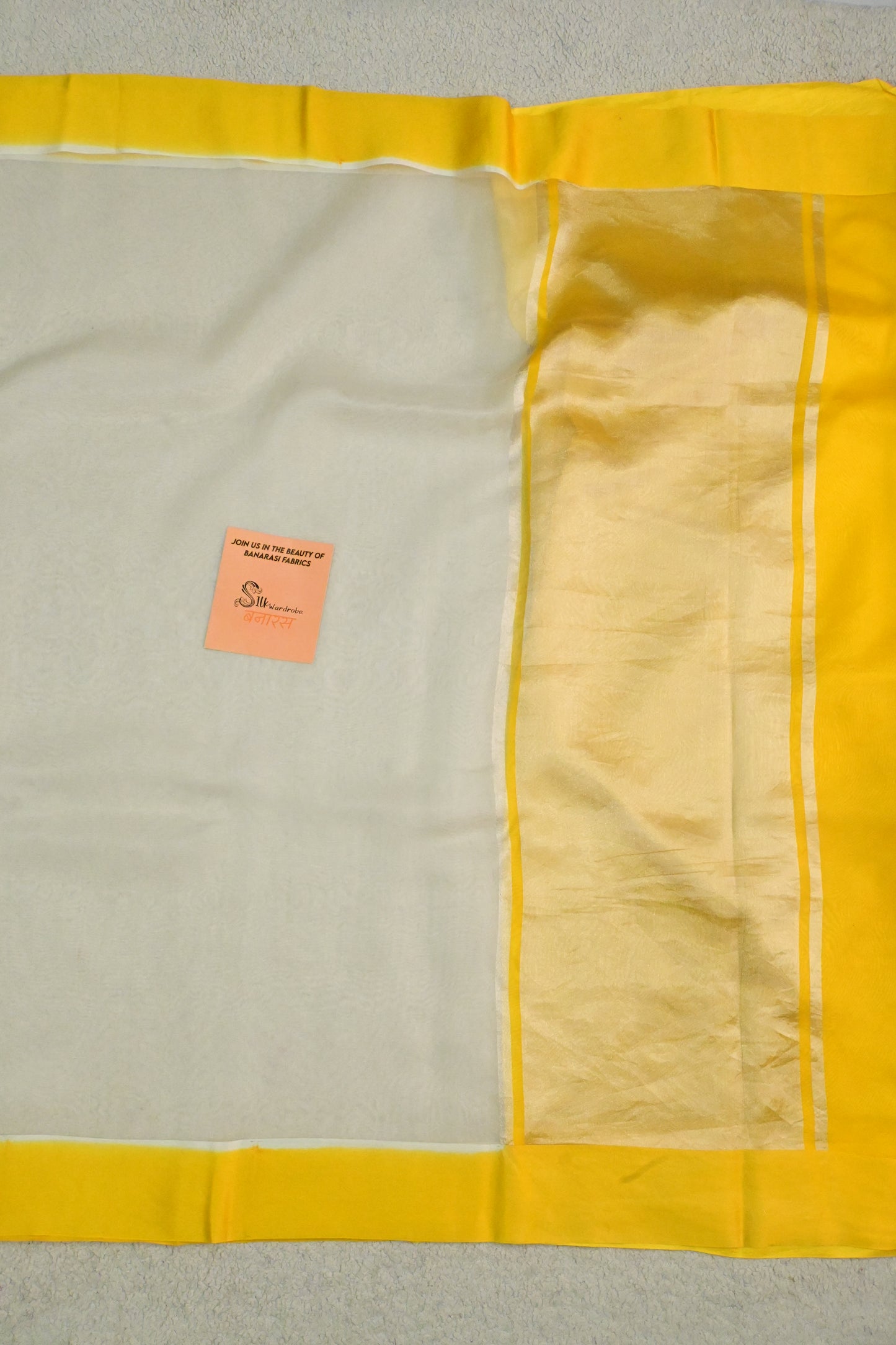 Handloom Pure Kora Organza Saree in Off-White with Vibrant Yellow Satin Border