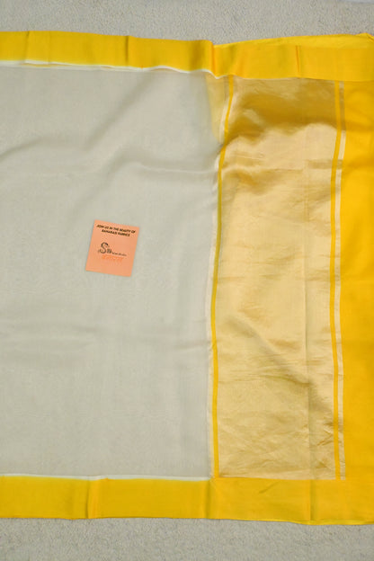 Handloom Pure Kora Organza Saree in Off-White with Vibrant Yellow Satin Border