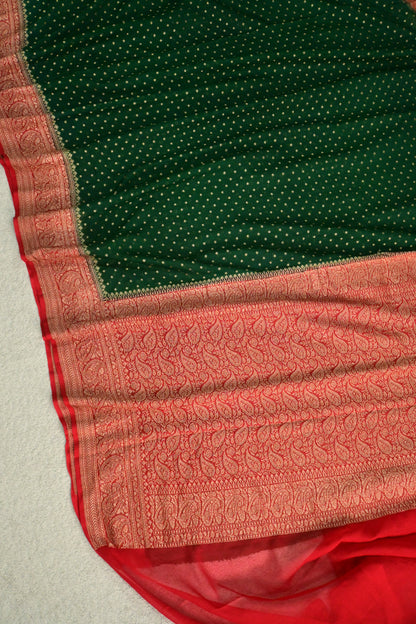 Emerald Green Pure Khaddi Georgette Saree with Antique Zari Konia & Paisley