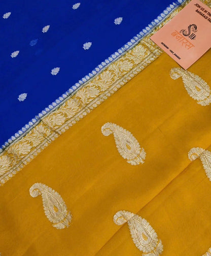 Handwoven Pure Khaddi Chiffon Saree in Royal Blue & Mustard Yellow with Silver Zari