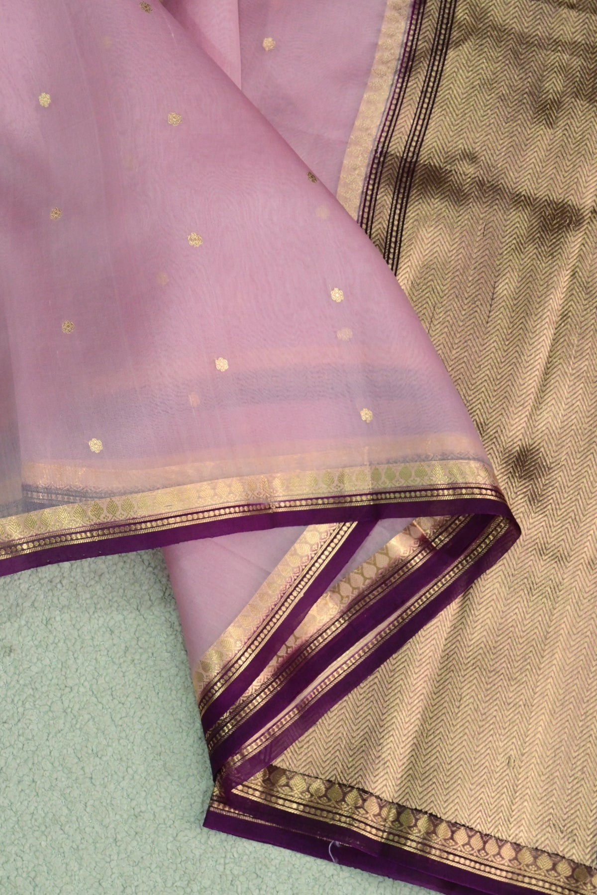 Light pastel Pure Handwoven Kora Silk Banarasi Saree with Deep Purple Gold Zari Border