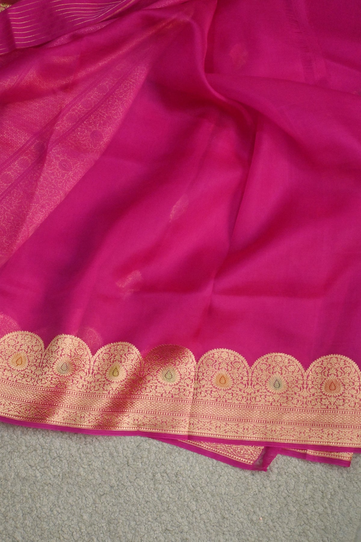 Pure Kora Silk Saree in the Pink with Gold Zari & Minakari Details