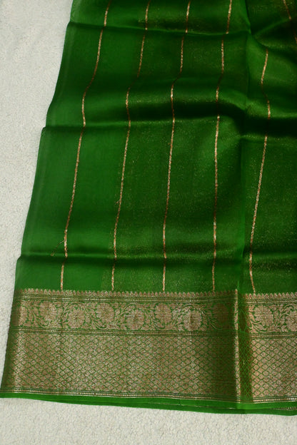 Handwoven Crimson Red Pure Kora Silk Banarasi Saree with Contrasting yellow and Green Border
