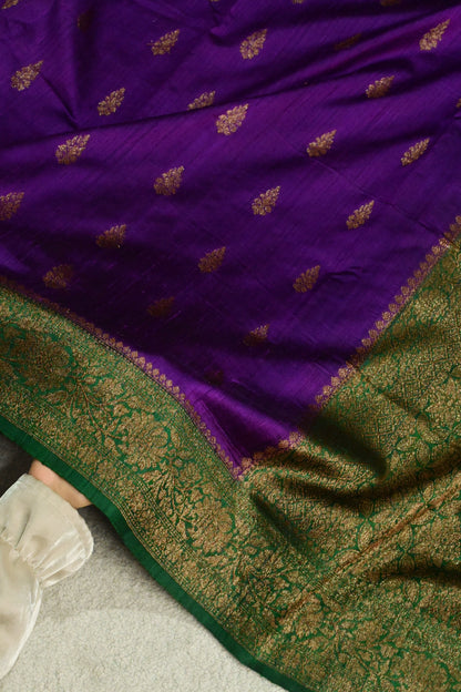 Royal Violet Pure Raw Silk Handloom Saree with Antique Zari