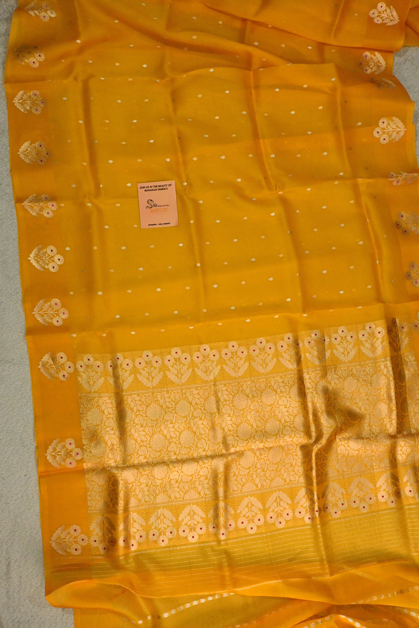 The yellow Mustard Guldasta Kora Organza Silk Saree