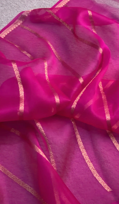 Beautiful pink handwoven pure Kora organza saree