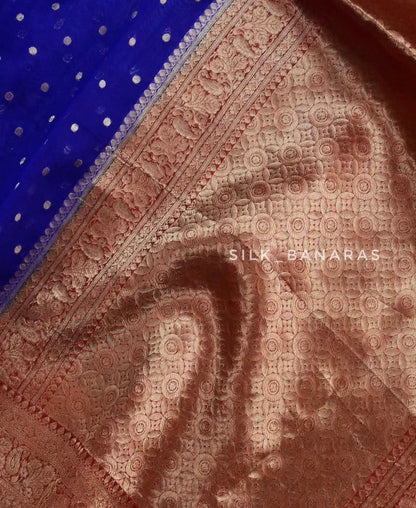 Pure Organza Silk Saree – Royal Blue & Crimson Red