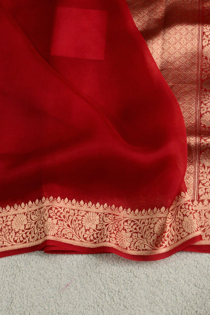 Ravishing Red handwoven pure Kora organza gold zari saree