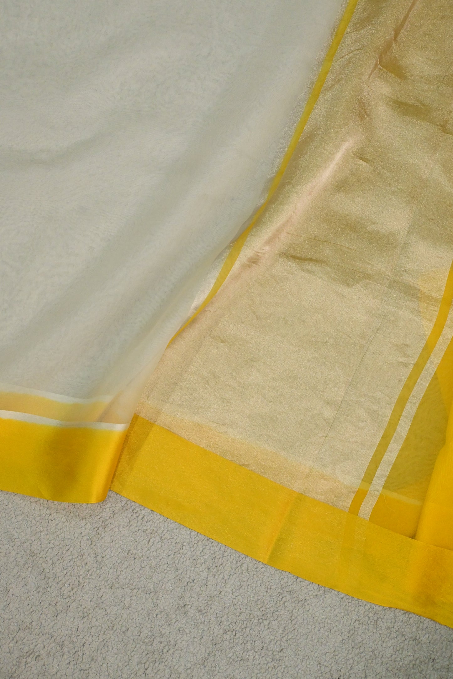 Handloom Pure Kora Organza Saree in Off-White with Vibrant Yellow Satin Border