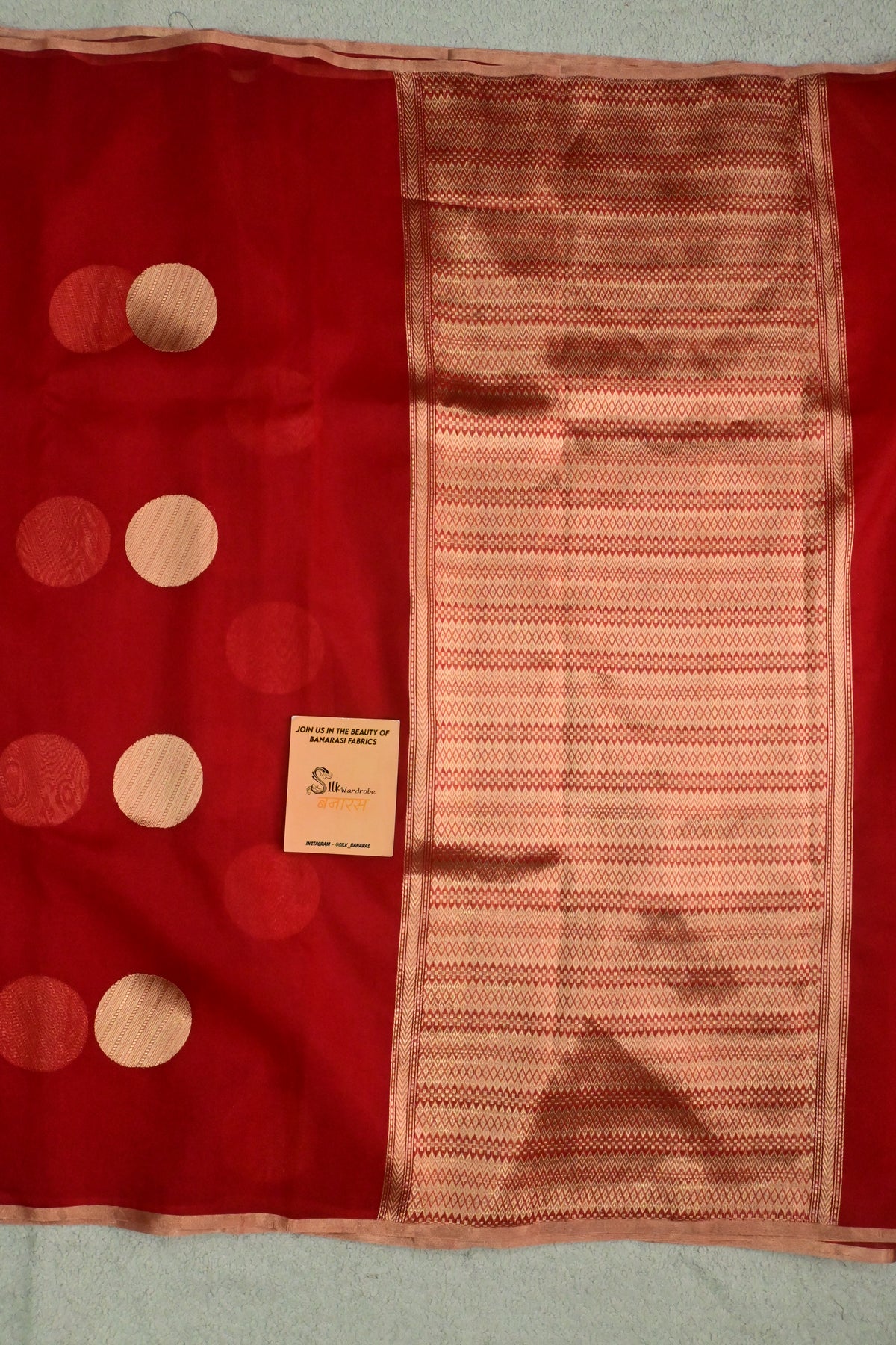 Handloom Pure Kora Silk Banarasi Saree in Red with Gold Zari Polka Dots