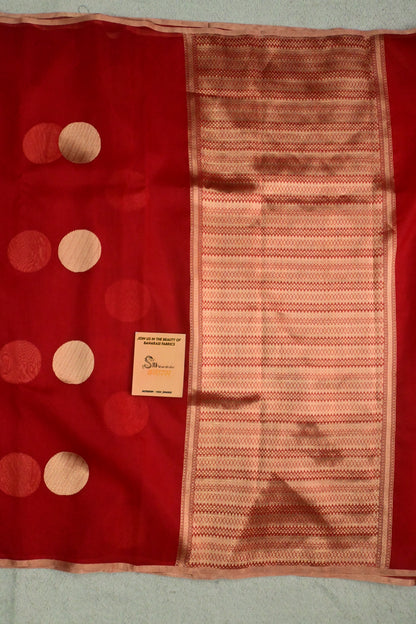 Handloom Pure Kora Silk Banarasi Saree in Red with Gold Zari Polka Dots