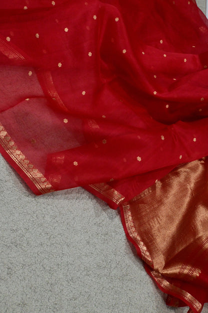 Pure Classic Red handwoven Kora organza saree