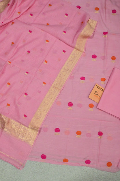 Baby Pink Chanderi Mul Unstitched Suit Set with Minakari Booti & Gold Zari Border