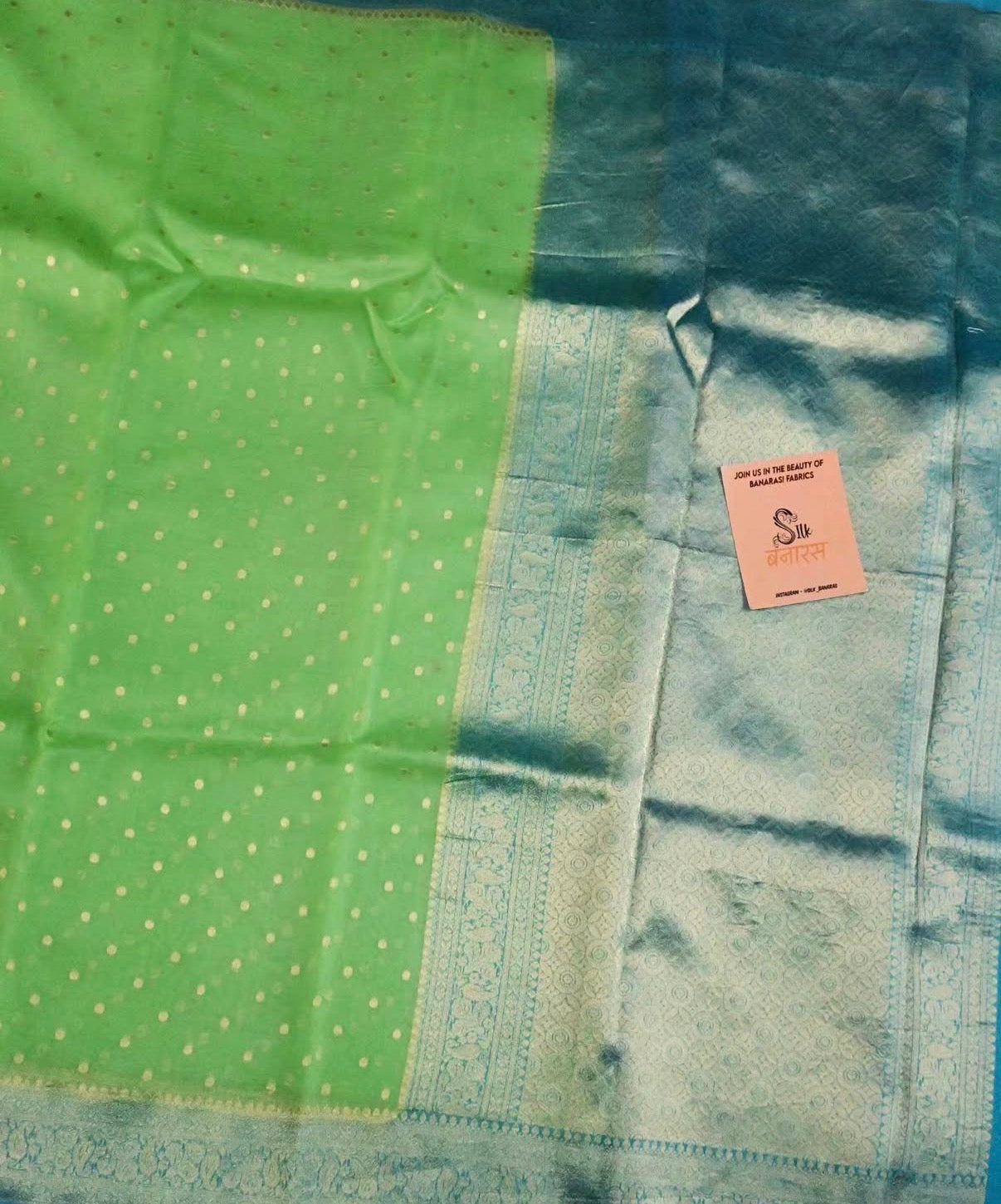 Pure Kora Organza Silk Saree – Bright Green & Aqua Blue