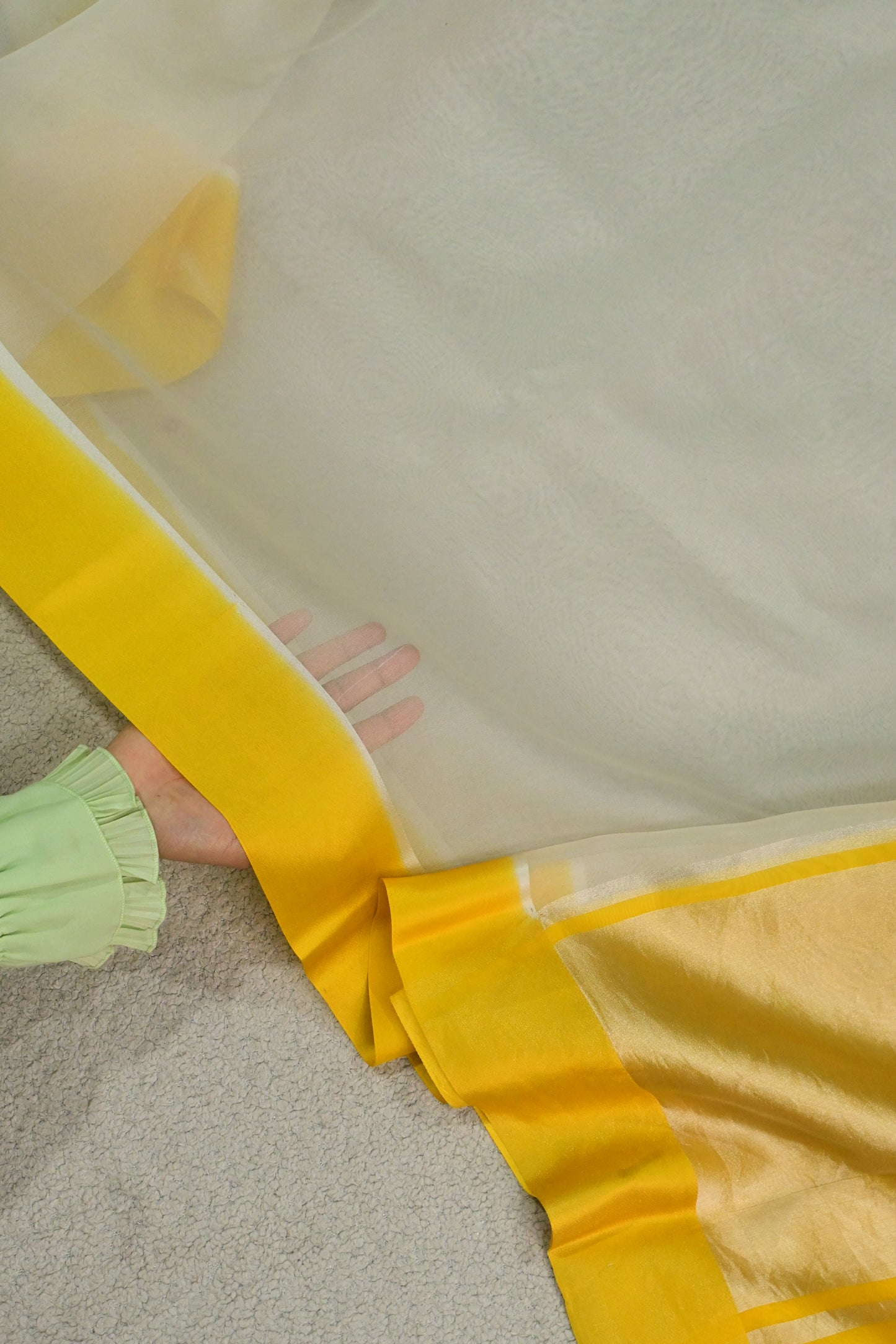 Handloom Pure Kora Organza Saree in Off-White with Vibrant Yellow Satin Border