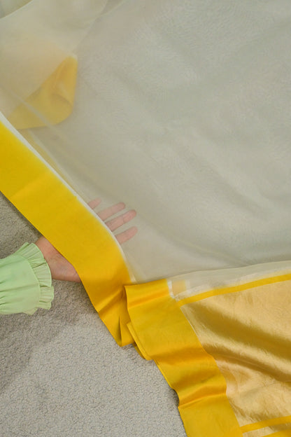 Handloom Pure Kora Organza Saree in Off-White with Vibrant Yellow Satin Border