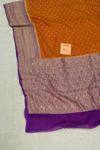 Rust & Royal Purple Handloom Khaddi Georgette Saree with Antique Zari weaving