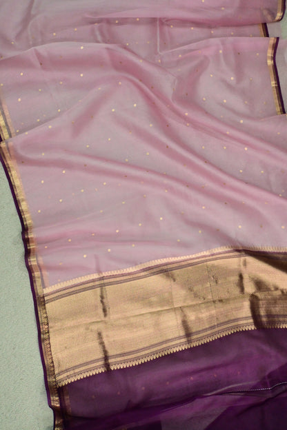 Light pastel Pure Handwoven Kora Silk Banarasi Saree with Deep Purple Gold Zari Border