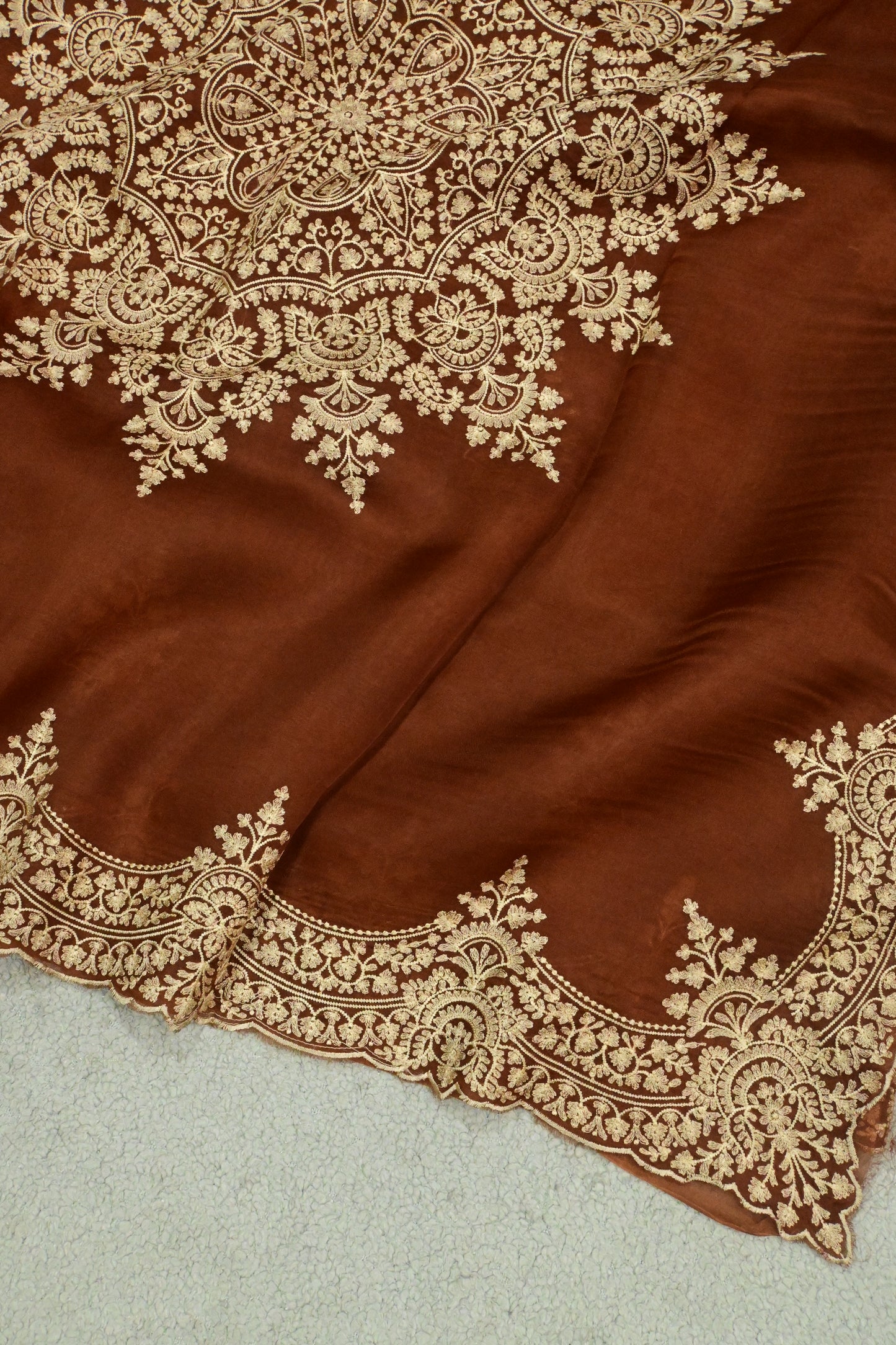 Rust Brown Handwoven Pure Organza Saree with Intricate Gold Embroidery & Scalloped Cutwork Border