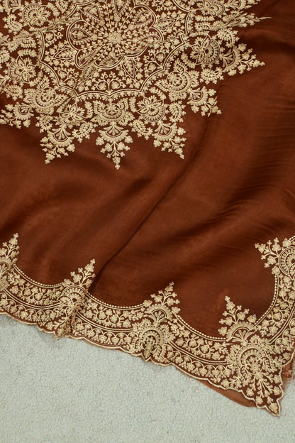 Rust Brown Handwoven Pure Organza Saree with Intricate Gold Embroidery & Scalloped Cutwork Border