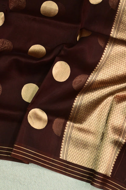 Deep Chocolate Brown Pure Kora Silk Saree with Golden Zari Polka Dots