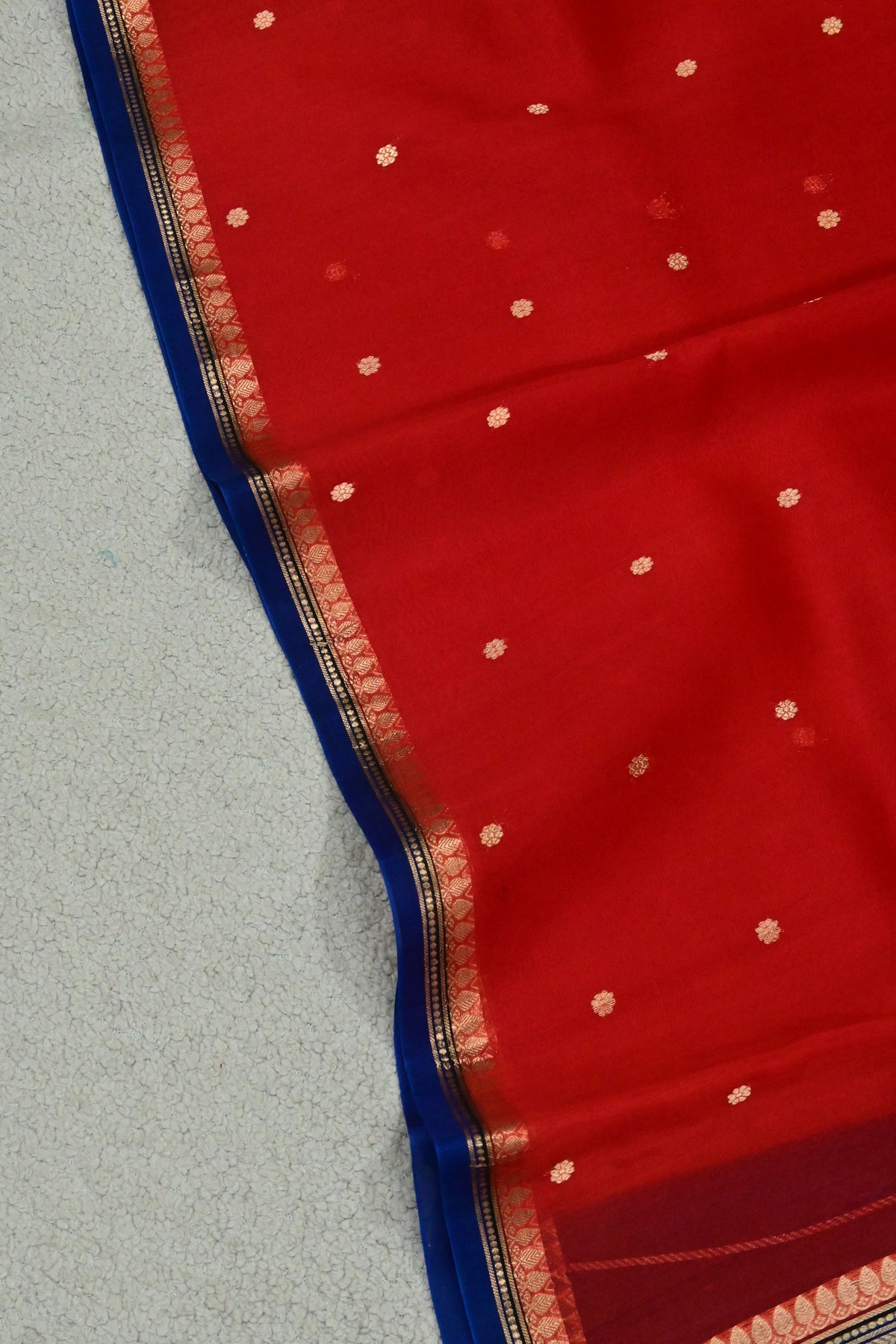 Handwoven Pure Kora Silk Banarasi Saree in Crimson Red with Royal Blue Pallu & Gold Zari Weaving