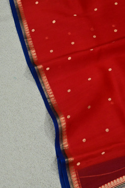 Handwoven Pure Kora Silk Banarasi Saree in Crimson Red with Royal Blue Pallu & Gold Zari Weaving