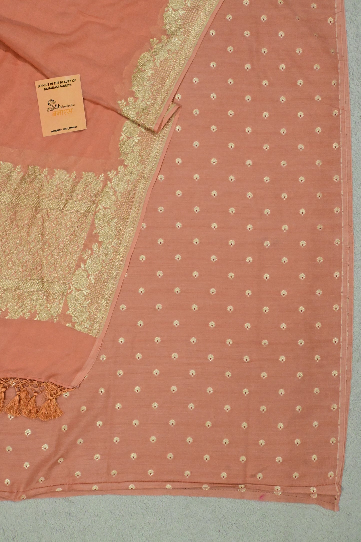 Handwoven Pure Khaddi Georgette Banarasi Unstitched Suit Set with Zari Weave – Dusty Peach