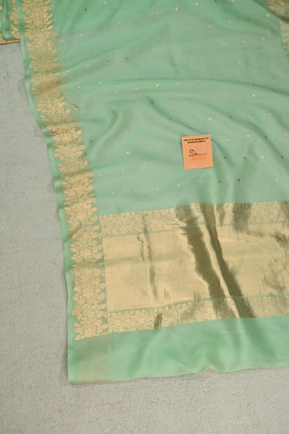 Pure Banarasi Kora Silk Saree in Pastel mint Green with Floral Zari Border