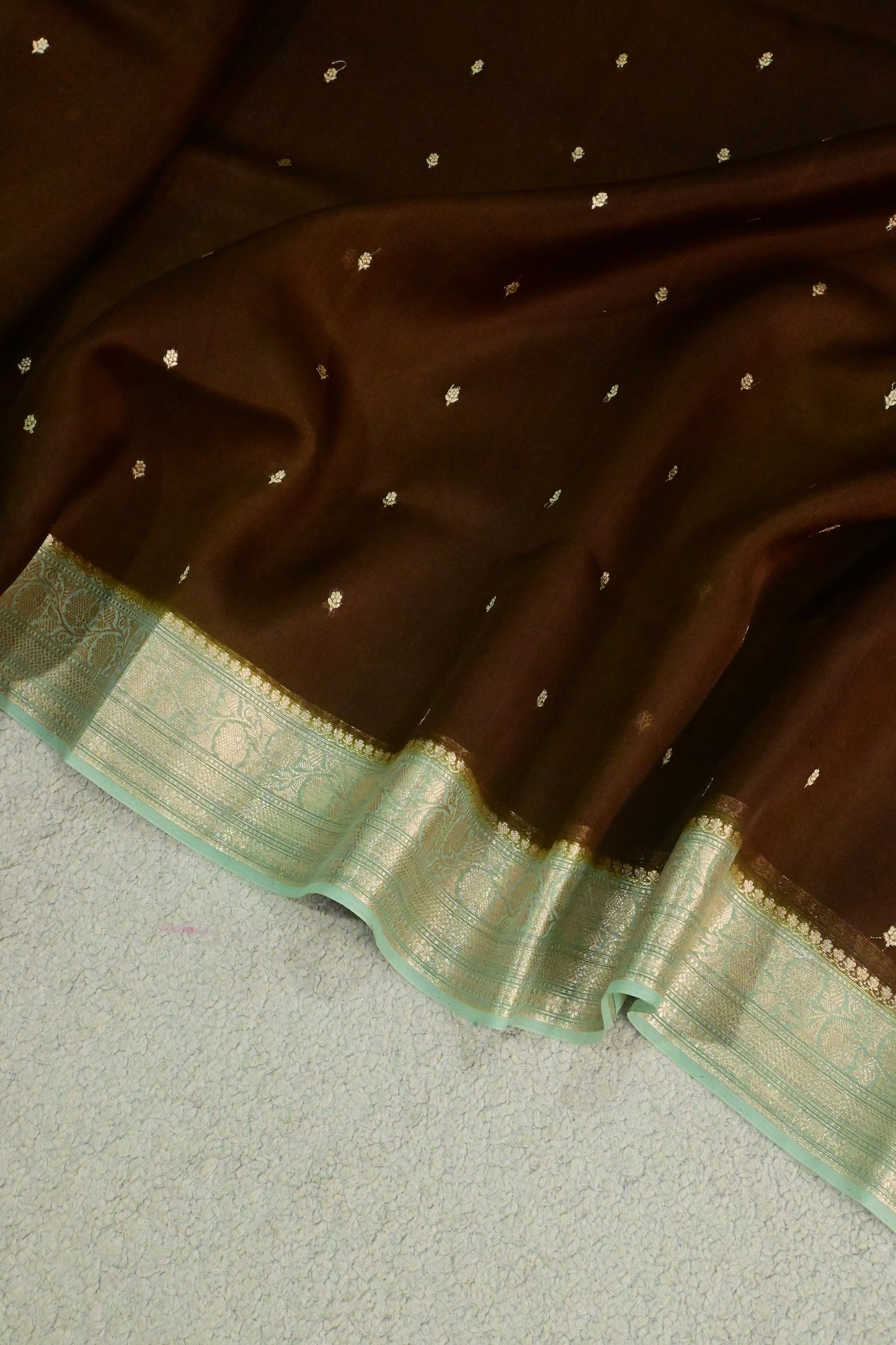 Chocolate Brown & Mint Green Handwoven Pure Kora Organza Silk Saree
