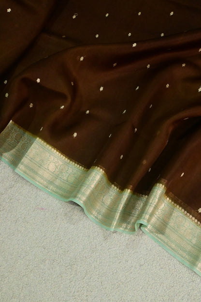 Chocolate Brown & Mint Green Handwoven Pure Kora Organza Silk Saree